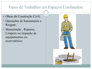 Tipos de Trabalhos em Espaços Confinados:
 Obras da Construção Civil;
 Operações de Saneamento e
Resgate;
 Manutenção , Reparos,
Limpeza ou inspeção de
equipamentos ou
reservatórios.
 