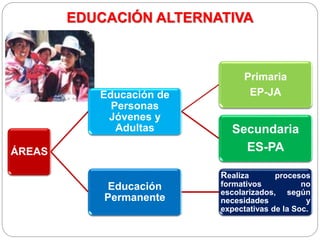 EDUCACIÓN ALTERNATIVA
ÁREAS
Educación de
Personas
Jóvenes y
Adultas
Primaria
EP-JA
Secundaria
ES-PA
Educación
Permanente
Realiza procesos
formativos no
escolarizados, según
necesidades y
expectativas de la Soc.
 