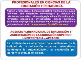 PROFESIONALES EN CIENCIAS DE LA
EDUCACIÓN Y PEDAGOGÍA
Apoyan y fortalecen al Sistema Educativo Plurinacional, cuyas
funciones son desarrollar metodologías y técnicas de
orientación educativa, psicopedagogía, educación a distancia,
formación pedagógica, investigación, diseño curricular,
evaluación de proyectos y procesos educativos, planificación y
gestión educativa, sin incorporarse al Escalafón docente
AGENCIA PLURINACIONAL DE EVALUACIÓN Y
ACREDITACIÓN DE LA EDUCACIÓN SUPERIOR
UNIVERSITARIA – APEAESU
La evaluación es el proceso de cualificación de la
calidad de la educación superior universitaria;
contempla la autoevaluación, la evaluación por
pares y la evaluación social.
 