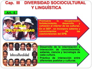Cap. III DIVERSIDAD SOCIOCULTURAL
Y LINGUÍSTICA
Art. 6
• Promueve la recuperación,
fortalecimiento, desarrollo y
cohesión al interior de las culturas.
• En el SEP , se incorpora saberes y
conocimientos de las
cosmovisiones del EPB.
INTRA-
CULTURALIDAD
• Desarrollo de la interrelación e
interacción de conocimientos,
saberes, ciencia y tecnología de
cada cultura.
• Práctica de interacción entre
diferentes pueblos y culturas.
 