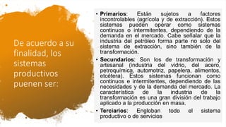 De acuerdo a su
finalidad, los
sistemas
productivos
puenen ser:
• Primarios: Están sujetos a factores
incontrolables (agrícola y de extracción). Estos
sistemas pueden operar como sistemas
continuos o intermitentes, dependiendo de la
demanda en el mercado. Cabe señalar que la
industria del petróleo forma parte no solo del
sistema de extracción, sino también de la
transformación.
• Secundarios: Son los de transformación y
artesanal (industria del vidrio, del acero,
petroquímica, automotriz, papelera, alimentos,
etcétera). Estos sistemas funcionan como
continuos e intermitentes, dependiendo de las
necesidades y de la demanda del mercado. La
característica de la industria de la
transformación es una gran división del trabajo
aplicado a la producción en masa.
• Terciarios: Engloban todo el sistema
productivo o de servicios
 