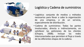 Logística y Cadena de suministros
• Logística: conjunto de medios y métodos
necesarios para llevar a cabo la organización
de una empresa, o de un servicio,
especialmente de distribución.
• Cadena de suministros: Todas las partes
involucradas, directa o indirectamente, en
satisfacer las peticiones de los clientes
(Chopra, 2008). Incluye las redes
interconectadas que permiten el flujo a través
de las diferentes etapas de la cadena.
 