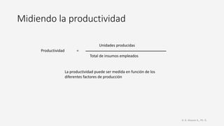 Midiendo la productividad
H. R. Alvarez A., Ph. D.
Productividad =
Total de insumos empleados
Unidades producidas
La productividad puede ser medida en función de los
diferentes factores de producción
 