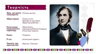 Трилогія про
християнство
«Христус. Таїнство»
П’єса «Іспанський студент»
«Гіперіон»
Роман
«Євангеліна»
«Залицяння Майлза Сендіша»
«Пісня про Гаявату»
Епічні поеми
національного
характеру
Збірки віршів «Голоси ночі»
«Балади та інші вірші»
«Вірші про рабство» …
«Псалом життю»
Вірш, що приніс
популярність
Творчіст ь
 