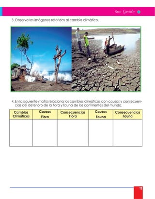11
3. Observa las imágenes referidas al cambio climático.
4. En la siguiente matriz relaciona los cambios climáticos con causas y consecuen-
cias del deterioro de la flora y fauna de los continentes del mundo.
Cambios
Climáticos
Causas
Flora
Consecuencias
Flora
Causas
Fauna
Consecuencias
Fauna
 