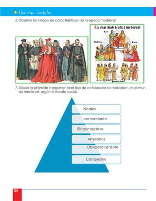 24
6. Observa las imágenes características de la época medieval
7. Dibuja la pirámide y argumenta el tipo de actividades se realizaban en el mun-
do medieval, según el estrato social.
 