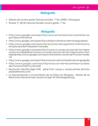 31
Bibliografía
• Módulo de noveno grado Ciencias Sociales. 1ª Ed. MINED / Nicaragua
• Álvarez, P, (2014) Ciencias Sociales noveno grado. 1ª Ed.
Webgrafía
• https://www.google.com/search?q=como+se+formaron+los+continentes+se-
gun+placa+tectonicas
• https://www.google.com/search?q=cambios+climaticos+de+nicaraguasxsrf.
• https://www.google.com/search?q=acciones+de+organismo+internaciona-
les+para+prevenir+desastres+naturales
• https://www.google.com/search?q=Causas+y+consecuencias+de+las+migra-
ciones+mundialesoq=Causas+y+consecuencias+de+las+migraciones+mun-
dialeshttps://www.google.com/search?q=estrato+social+del+mundo+medie-
val
• https://www.google.com/search?q=evolucion+de+la+historia+de+la+geografia
• https://www.google.com/search?q=evolucion+de+las+primeras+socieda-
des+humanas+del+mundo+pdf.
• Revolución industrial (Siglo XVII) - ¿Qué fue?, causas y consecuencias (enciclo-
pediadehistoria.com)
• La Descolonización y el Movimiento de los Países No Alineados - Historia de las
Relaciones Internacionales durante el siglo XX (historiasiglo20.org)
 