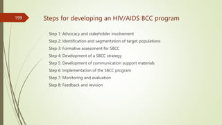Steps for developing an HIV/AIDS BCC program
Step 1: Advocacy and stakeholder involvement
Step 2: Identification and segmentation of target populations
Step 3: Formative assessment for SBCC
Step 4: Development of a SBCC strategy
Step 5: Development of communication support materials
Step 6: Implementation of the SBCC program
Step 7: Monitoring and evaluation
Step 8: Feedback and revision
199
 