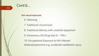 Non sexual exposures
6. Tattooing
7. Traditional circumcision
8. Traditional delivery with unsterile equipment
9. Intravenous (IV) Drug Use (5 – 10% )
10. Occupational Exposure to HIV infected
Material/specimens e.g. accidental needlestick injury
232
Cont’d…
 