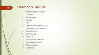 Common STIs/STDs
1. Bacterial vaginosis (BV)
2. Chlamydia
3. Gonorrheoa
4. Syphilis
5. HIV
6. Genital ulcer disease (GUD)
7. Ophthalmia neonatorum
8. Genital herpes
9. Genital warts
10. Pubic lice
11. Non-specific urethritis
12. Candidiasis (thrush)
13. Trichomoniasis
14. Chancroid
238
 