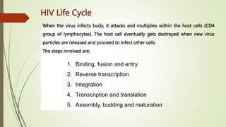HIV Life Cycle
1. Binding, fusion and entry
2. Reverse transcription
3. Integration
4. Transcription and translation
5. Assembly, budding and maturation
When the virus infects body, it attacks and multiplies within the host cells (CD4
group of lymphocytes). The host cell eventually gets destroyed when new virus
particles are released and proceed to infect other cells
The steps involved are;
 