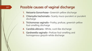 Possible causes of vaginal discharge
1. Neisseria Gonorrhoea– Greenish-yellow discharge
2. Chlamydia trachomatis– Scanty muco-purulent or purulent
discharge
3. Trichomonas vaginalis– Frothy, profuse, greenish-yellow
foul-smelling discharge
4. Candida albicans– White, curd-like discharge
5. Gardnerella vaginalis– Profuse foul-smelling and
homogenous greyish-white discharge
267
 