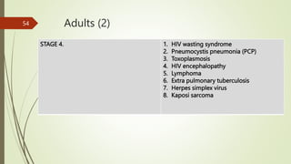 Adults (2)
STAGE 4. 1. HIV wasting syndrome
2. Pneumocystis pneumonia (PCP)
3. Toxoplasmosis
4. HIV encephalopathy
5. Lymphoma
6. Extra pulmonary tuberculosis
7. Herpes simplex virus
8. Kaposi sarcoma
54
 