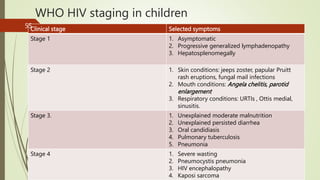 WHO HIV staging in children
Clinical stage Selected symptoms
Stage 1 1. Asymptomatic
2. Progressive generalized lymphadenopathy
3. Hepatosplenomegally
Stage 2 1. Skin conditions: jeeps zoster, papular Pruitt
rash eruptions, fungal mail infections
2. Mouth conditions: Angela chelitis, parotid
enlargement
3. Respiratory conditions: URTIs , Ottis medial,
sinusitis.
Stage 3. 1. Unexplained moderate malnutrition
2. Unexplained persisted diarrhea
3. Oral candidiasis
4. Pulmonary tuberculosis
5. Pneumonia
Stage 4 1. Severe wasting
2. Pneumocystis pneumonia
3. HIV encephalopathy
4. Kaposi sarcoma
55
 