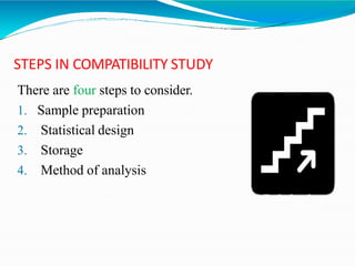 STEPS IN COMPATIBILITY STUDY
There are four steps to consider.
1. Sample preparation
2. Statistical design
3. Storage
4. Method of analysis
 