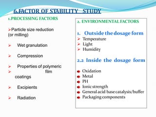1.PROCESSING FACTORS
Particle size reduction
(or milling)
 Wet granulation
 Compression
 Properties of polymeric
 film
coatings
 Excipients
 Radiation
2. ENVIRONMENTALFACTORS
1. Outside thedosage form
 Temperature
 Light
 Humidity
2.2 Inside the dosage form
Oxidation
Metal
PH
Ionicstrength
General acid basecatalysis/buffer
Packaging components
6.FACTOR OF ST
ABILITY STUDY
 