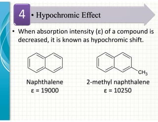 • When absorption intensity (ε) of a compound is
decreased, it is known as hypochromic shift.
Naphthalene 2-methyl naphthalene
ε = 19000 ε = 10250
CH3
• Hypochromic Effect
4
 