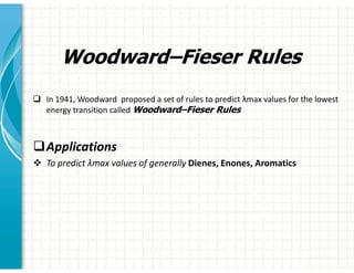 Woodward–Fieser Rules
‰ In 1941, Woodward proposed a set of rules to predict λmax values for the lowest
energy transition called Woodward–Fieser Rules
‰Applications
™ To predict λmax values of generally Dienes, Enones, Aromatics
 