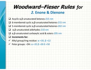 Woodward–Fieser Rules for
2. Enone  Dienone
‰ Acyclic α,β-unsaturated ketones-215 nm
‰ 6-membered cyclic α,β-unsaturated ketones-215 nm
‰ 5-membered cyclic α,β-unsaturated ketones-202 nm
‰ α,β-unsaturated aldehydes-210 nm
‰ α,β-unsaturated carboxylic acid  esters-195 nm
‰ Increments for:
9 Alkyl group/ring residue: α +10, β +12
9 Polar groups: -OH: α +35 β +30 δ +50
 