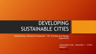 DEVELOPING
SUSTAINABLE CITIES
Establishing a National Framework – The Trinidad and Tobago
Experience
Sustainable Cities – December 1 – 5 2014
Module 1
Marie Hinds
 