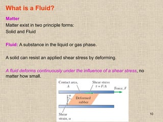 10
What is a Fluid?
Matter
Matter exist in two principle forms:
Solid and Fluid
Fluid: A substance in the liquid or gas phase.
A solid can resist an applied shear stress by deforming.
A fluid deforms continuously under the influence of a shear stress, no
matter how small.
 