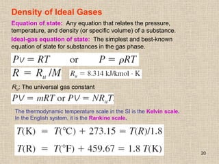 20
Density of Ideal Gases
Equation of state: Any equation that relates the pressure,
temperature, and density (or specific volume) of a substance.
Ideal-gas equation of state: The simplest and best-known
equation of state for substances in the gas phase.
Ru: The universal gas constant
The thermodynamic temperature scale in the SI is the Kelvin scale.
In the English system, it is the Rankine scale.
 