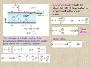 27
The behavior of a fluid in laminar flow
between two parallel plates when the upper
plate moves with a constant velocity.
Newtonian fluids: Fluids for
which the rate of deformation is
proportional to the shear
stress.
Shear
stress
Shear force
 