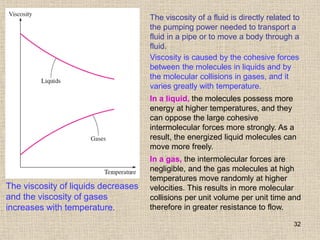 32
The viscosity of liquids decreases
and the viscosity of gases
increases with temperature.
The viscosity of a fluid is directly related to
the pumping power needed to transport a
fluid in a pipe or to move a body through a
fluid.
Viscosity is caused by the cohesive forces
between the molecules in liquids and by
the molecular collisions in gases, and it
varies greatly with temperature.
In a liquid, the molecules possess more
energy at higher temperatures, and they
can oppose the large cohesive
intermolecular forces more strongly. As a
result, the energized liquid molecules can
move more freely.
In a gas, the intermolecular forces are
negligible, and the gas molecules at high
temperatures move randomly at higher
velocities. This results in more molecular
collisions per unit volume per unit time and
therefore in greater resistance to flow.
 
