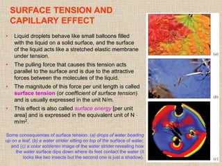 48
SURFACE TENSION AND
CAPILLARY EFFECT
Some consequences of surface tension: (a) drops of water beading
up on a leaf, (b) a water strider sitting on top of the surface of water,
and (c) a color schlieren image of the water strider revealing how
the water surface dips down where its feet contact the water (it
looks like two insects but the second one is just a shadow).
• Liquid droplets behave like small balloons filled
with the liquid on a solid surface, and the surface
of the liquid acts like a stretched elastic membrane
under tension.
• The pulling force that causes this tension acts
parallel to the surface and is due to the attractive
forces between the molecules of the liquid.
• The magnitude of this force per unit length is called
surface tension (or coefficient of surface tension)
and is usually expressed in the unit N/m.
• This effect is also called surface energy [per unit
area] and is expressed in the equivalent unit of N 
m/m2.
 