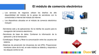 El módulo de comercio electrónico
 Los servicios de negocios utilizan los diseños de alta
disponibilidad del módulo de la granja de servidores con la
conectividad a Internet del módulo de Internet.
 Los dispositivos ubicados en el módulo de comercio electrónico
incluyen:
-Servidores web y de aplicaciones: Es la interfaz de usuario para la
navegación del comercio electrónico.
-Servidores de base de datos: Contienen la información de la
aplicación y de la transacción.
-Cortafuegos: Dirigen y filtran la comunicación entre los usuarios del
sistema.
-Sistemas de prevención de intrusiones de red (IPS): Proporcionan
monitoreo clave de la red, en este módulo se detecta y responda a
los ataques contra la red.
 