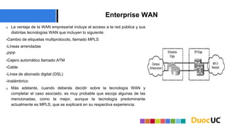 Enterprise WAN
 La ventaja de la WAN empresarial incluye el acceso a la red pública y sus
distintas tecnologías WAN que incluyen lo siguiente:
-Cambio de etiquetas multiprotocolo, llamado MPLS
-Líneas arrendadas
-PPP
-Cajero automático llamado ATM
-Cable
-Línea de abonado digital (DSL)
-Inalámbrico
 Más adelante, cuando deberás decidir sobre la tecnología WAN y
completar el caso asociado, es muy probable que escoja algunas de las
mencionadas, como la mejor, aunque la tecnología predominante
actualmente es MPLS, que se explicará en su respectiva experiencia.
 