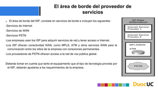 El área de borde del proveedor de
servicios
 El área de borde del ISP, consiste en servicios de borde e incluyen los siguientes:
-Servicios de Internet
-Servicios de WAN
-Servicios PSTN
-Las empresas usan los ISP para adquirir servicios de red y tener acceso a Internet.
-Los ISP ofrecen conectividad WAN, como MPLS, ATM y otros servicios WAN para la
comunicación entre los sitios de la empresa con conexiones permanentes.
-Los proveedores de PSTN ofrecen acceso a la red de voz pública global.
Deberás tomar en cuenta que tanto el equipamiento que el tipo de tecnología provista por
el ISP, deberán ajustarse a los requerimientos de la empresa.
 