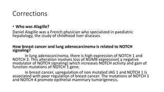 Corrections
• Who was Alagille?
Daniel Alagille was a French physician who specialized in paediatric
hepatology, the study of childhood liver diseases.
How breast cancer and lung adenocarcinoma is related to NOTCH
signaling?
In lung adenocarcinoma, there is high expression of NOTCH 1 and
NOTCH 3. This alteration involves loss of NUMB expression( a negative
modulator of NOTCH signaling) which increases NOTCH activity and gain of
function mutations of NOTCH 1 gene.
in breast cancer, upregulation of non mutated JAG 1 and NOTCH 1 is
associated with poor regulation of breast cancer. The mutations of NOTCH 1
and NOTCH 4 promote epithelial mammary tumorigenesis.
 