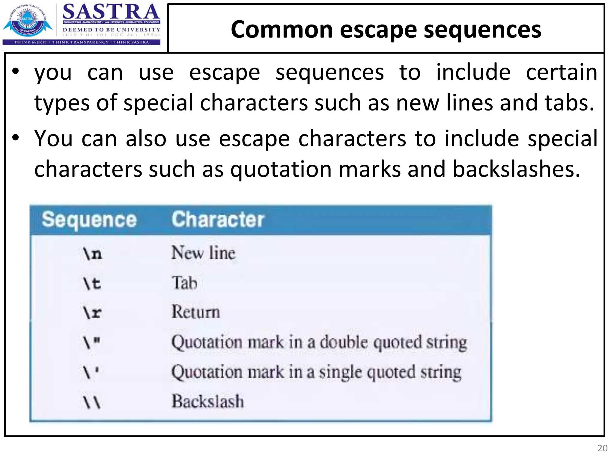 Common escape sequences • you can use escape sequences to include certain types of special characters such as new lines and tabs. • You can also use escape characters to include special characters such as quotation marks and backslashes. 20 