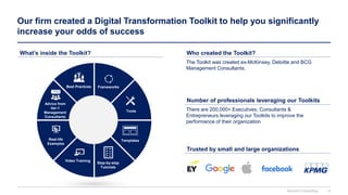 Our firm created a Digital Transformation Toolkit to help you significantly
increase your odds of success
Frameworks
Tools
Templates
Step-by-step
Tutorials
Video Training
Real-life
Examples
Best Practices
Advice from
tier-1
Management
Consultants
What’s inside the Toolkit? Who created the Toolkit?
The Toolkit was created ex-McKinsey, Deloitte and BCG
Management Consultants.
Number of professionals leveraging our Toolkits
There are 200,000+ Executives, Consultants &
Entrepreneurs leveraging our Toolkits to improve the
performance of their organization
Trusted by small and large organizations
Domont Consulting 6
 