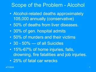 4/11/2024 1
Scope of the Problem - Alcohol
• Alcohol-related deaths approximately
105,000 annually (conservative)
• 50% of deaths from liver diseases.
• 30% of gen. hospital admits
• 50% of murders and their victims
• 30 - 50% --- of all Suicides
• 15%-67% of home injuries, falls,
drowning, fire fatalities and job injuries.
• 25% of fatal car wrecks
 