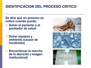 IDENTIFICACION DEL PROCESO CRITICO
Se dice que un proceso es
crítico cuando puede:
 Dañar al paciente o al
prestador de salud
 Dañar equipos y
ambiente (causal de
incidentes)
 Discontinuar la marcha
de la atención ( imagen
institucional)
 