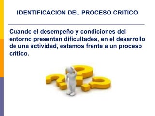 IDENTIFICACION DEL PROCESO CRITICO
Cuando el desempeño y condiciones del
entorno presentan dificultades, en el desarrollo
de una actividad, estamos frente a un proceso
crítico.
 