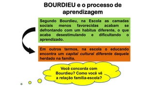 Segundo Bourdieu, na Escola as camadas
sociais menos favorecidas acabam se
defrontando com um habitus diferente, o que
acaba desestimulando e dificultando o
aprendizado.
BOURDIEU e o processo de
aprendizagem
Em outros termos, na escola o educando
encontra um capital cultural diferente daquele
herdado na família.
Você concorda com
Bourdieu? Como você vê
a relação família-escola?
 