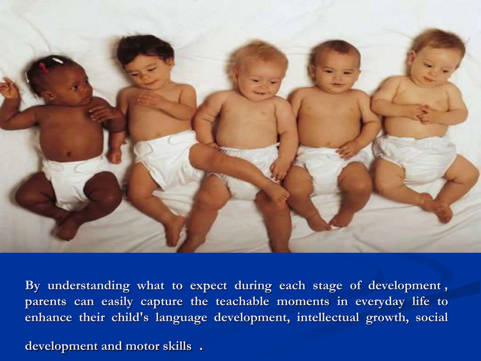 By understanding what to expect during each stage of development ,
parents can easily capture the teachable moments in everyday life to
enhance their child's language development, intellectual growth, social
development and motor skills .
 