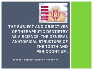 Teacher: Loginov Eduard Alekseevich.
THE SUBJECT AND OBJECTIVES
OF THERAPEUTIC DENTISTRY
AS A SCIENCE, THE GENERAL
ANATOMICAL STRUCTURE OF
THE TOOTH AND
PERIODONTIUM.
 