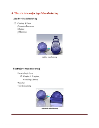 Additive Manufacturing
⚫ Creating A Form
Conserves Resources
Efficient
3D Printing
Additive manufacturing
Subtractive Manufacturing
Uncovering A Form
 Carving A Sculpture
Chiseling A Statue
Wasteful
Time Consuming
Subtractive Manufacturing
4. There is two major type Manufacturing
 