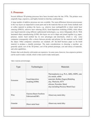 5. Processes
Several different 3D printing processes have been invented since the late 1970s. The printers were
originally large, expensive, and highly limited in what they could produce.
A large number of additive processes are now available. The main differences between processesare
in the way layers are deposited to create parts and in the materials that are used. Some methods melt
or soften material to produce the layers, e.g. selective laser melting(SLM) or direct metal laser
sintering (DMLS), selective laser sintering (SLS), fused deposition modeling (FDM), while others
cure liquid materials using different sophisticated technologies, e.g. stereo lithography (SLA). With
laminated object manufacturing (LOM), thin layers are cut to shape and joined together (e.g. paper,
polymer, metal). Each method has its own advantages and drawbacks, which is why some
companies consequently offer a choice between powder and polymer for the material used to build
the object. Other companies sometimes use standard, off- the-shelf business paper as the build
material to produce a durable prototype. The main considerations in choosing a machine are
generally speed, cost of the 3D printer, cost of the printed prototype, cost and choice of materials,
and color capabilities.
Printers that work directly with metals are expensive. In some cases, however, less expensive printers
can be used to make a mould, which is then used to make metal parts.
Table 1 materials and technologies
Type Technologies Materials
Extrusion
Fused deposition
modeling (FDM)
Thermoplastics (e.g. PLA, ABS), HDPE, eute
ctic metals, edible
materials, Rubber (Sugru),Modeling
clay, Plasticine, RTV
silicone, Porcelain, Metal
clay (including Precious Metal Clay)
Wire
Electron Beam Freeform
Fabrication(EBF)
Almost any metal alloy
Granular Direct metal laser Almost any metal alloy
 