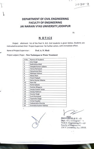 4:15 PM
D E P A R T M E N T
OF CIVIL
E N G I N E E R I N G
F A C U L T Y O F E N G I N E E R I N G
JAI
NARAIN
VYAS
UNIVERSITY,JODHPUUR
Dt.
NOTICE
Project
allotment
list of the final Yr. B.E. Civil
students is given
below,
Students
are
instructed to
contact
their Project
Supervisor
for further action,
with
i m m e d i a t e
effect.
Prof.
Suresh
Kumar
Sankhla
Name of Project
Supervisor:
Project subject
/Topic:
P e r f o r m a n c e Study  Design
for
Retrofitting ofanOld RCC Building
S.No. NameofStudent
Pooja Saini
Saloni Jagwaral
Jeeshan AliChouhan
Gautam Sharma
Ghanshyam Kumpawat
Khushwant Singh Rathore_
Dharmendra KumarMeena
AnkitMathur
Damodar LalDhaker
Harshvardhan Singh Rajawat
10 Abhishek Gurjar_
Deena
Ram
Amit KumarMeena
Bajrang Parihar
Anil Yadav
HawaSingh Gurjar
Lekhraj Gurjar
Saurav Verma
Arvind
Mehra
13
14
15
16
19
| 20
BhawaniSingh
PROFLssOR  H. D
Dept. of CivilEnginec
M.B.M. Engineering Cg
Faculty of Enginccring
J.N.V. University, JU. .iPUR
 