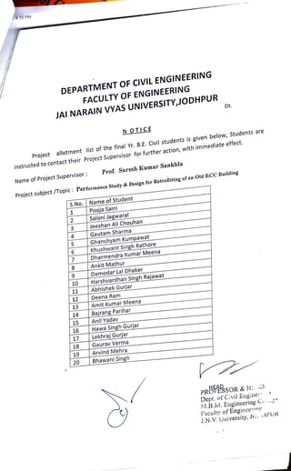 D E P A R T M E N T
OF CIvIL
E N G I N E E R I N G
F A C U L T Y O F E N G I N E E R I N G
JAI NARAIN
VYAS
U N I V E R S I T Y , J O D H P U R
Dt.
NOTICE
Project
allotment list of the final Yr. B.E. Civil
students is given
below,
Students are
instructed to contact their Project
Supervisor
for further action,
with
immediate
effect.
Shri Sanu Meena
Name ofProjectSupervisor:
Project subject/Topic:
Behavioual
travel Modelling
NameofStudent
KaluramMeena
S.No
JayKumarBaror
HemantKhatri.
Jyoti Mittal
JatinMoond
Harshita Jain
HimaniBahmania
Harsh Agarwal
Chandra Prakash Gupta
Shubham Verma
Anchal
Mukesh Gahlot
MohitKhajuriä
JagratiPanwar
Khushbu Garg
Pankaj Nagar
AnilKumarFageria
CharuKain
Mahima Dindur
10
14
15
17
18
20 HimanshiSaini
HEAD
PROFES`QR  HEAD
Dept. ofCivilEngiueei
M.B.M.
Engineering
Cr :
Faculty of Enginegrine
J.N.V. iuiversity,JUiituR
 