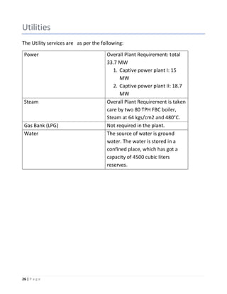 26 | P a g e
Utilities
The Utility services are as per the following:
Power Overall Plant Requirement: total
33.7 MW
1. Captive power plant I: 15
MW
2. Captive power plant II: 18.7
MW
Steam Overall Plant Requirement is taken
care by two 80 TPH FBC boiler,
Steam at 64 kgs/cm2 and 480°C.
Gas Bank (LPG) Not required in the plant.
Water The source of water is ground
water. The water is stored in a
confined place, which has got a
capacity of 4500 cubic liters
reserves.
 