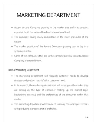 ３４
MARKETING DEPARTMENT
 Ascent circuits Company growing in the market size and in its product
exports in both the national level and international level.
 The company having many competitors in the inner and outer of the
nation.
 The market position of the Ascent Company growing day to day in a
systematic order.
 Some of the companies that are in the competition view towards Ascent
Company are stated below.
Role of Marketing Department
 The marketing department will research customer needs to develop
strategy and product to satisfy that customer need.
 In its research, the marketing department will investigate the market they
are aiming at; the type of consumer making up the market (age,
background sex etc.) and the preferences of the consumer within that
market.
 The marketing department will then need to marry consumer preferences
with producing a product that is profitable.
 