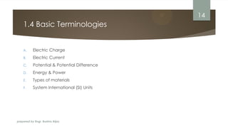 prepared by Engr. Bushra Aijaz
1.4 Basic Terminologies
A. Electric Charge
B. Electric Current
C. Potential & Potential Difference
D. Energy & Power
E. Types of materials
F. System International (SI) Units
14
 