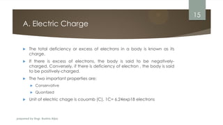 prepared by Engr. Bushra Aijaz
A. Electric Charge
 The total deficiency or excess of electrons in a body is known as its
charge.
 If there is excess of electrons, the body is said to be negatively-
charged. Conversely, if there is deficiency of electron , the body is said
to be positively-charged.
 The two important properties are:
 Conservative
 Quantized
 Unit of electric chage is couomb (C). 1C= 6.24exp18 electrons
15
 
