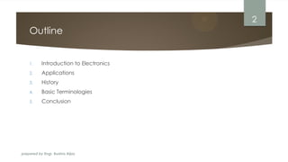 prepared by Engr. Bushra Aijaz
Outline
1. Introduction to Electronics
2. Applications
3. History
4. Basic Terminologies
5. Conclusion
2
 